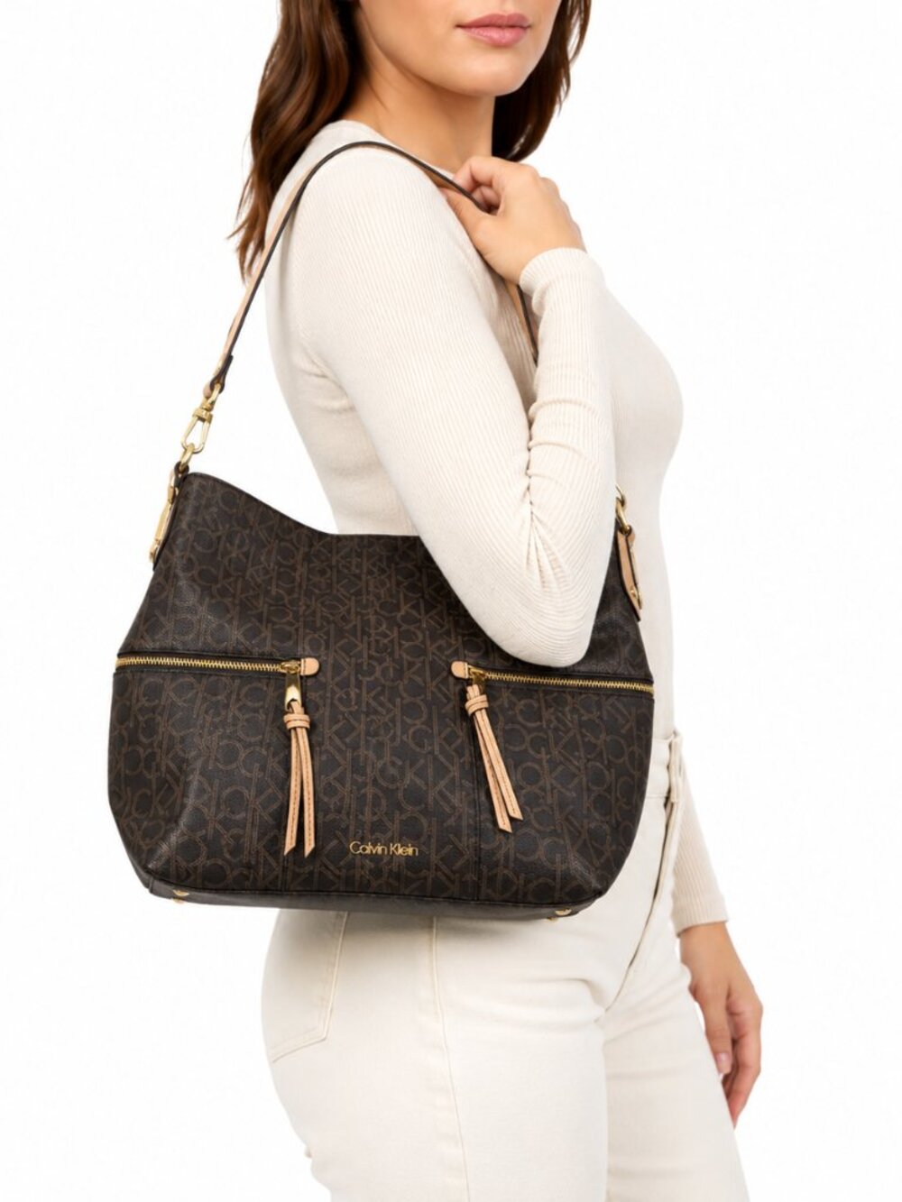 Calvin Klein Bag Brown Vegan Leather CK Logo Slouchy Y2K Preppy Everyday Office